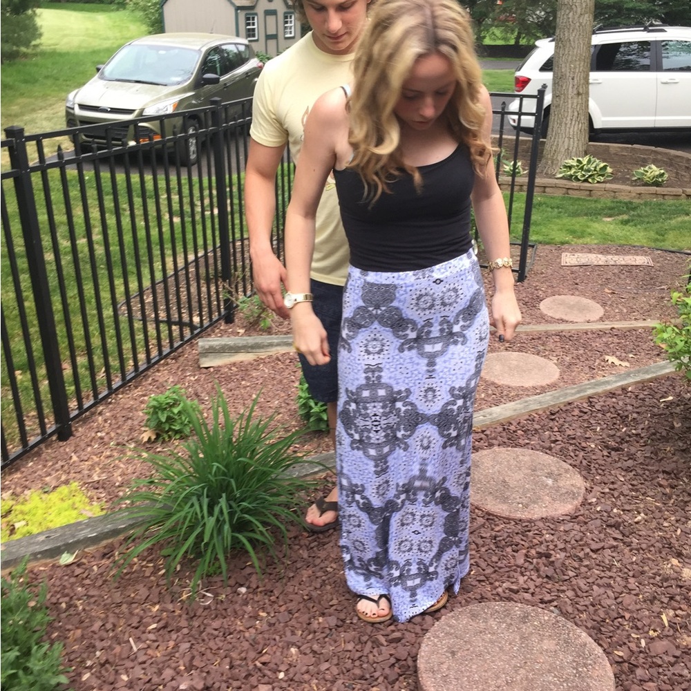Blue and Gray Pleated A-Line Maxi Skirt for Work